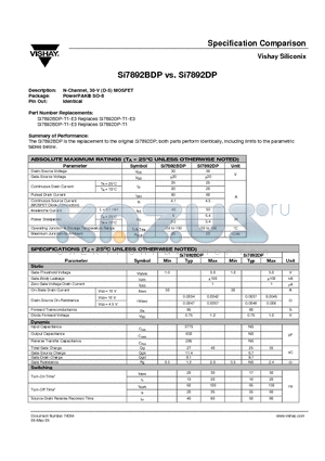 SI7892BDP-T1-E3 datasheet - N-Channel, 30-V (D-S) MOSFET