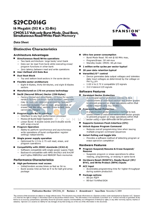 S29CD016G0MQAN012 datasheet - 16 Megabit (512 K x 32-Bit) CMOS 2.5 Volt-only Burst Mode, Dual Boot, Simultaneous Read/Write Flash Memory