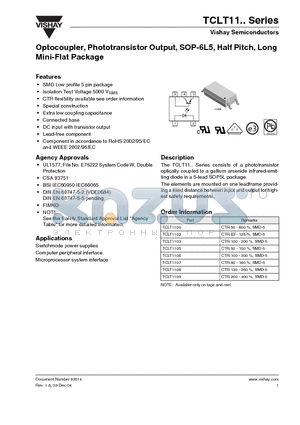 TCLT1103 datasheet - Optocoupler, Phototransistor Output, SOP-6L5, Half Pitch, Long Mini-Flat Package