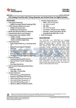 VSP01M01ZWDR datasheet - CCD Analog Front-End with Timing Generator and Vertical Driver for Digital Cameras