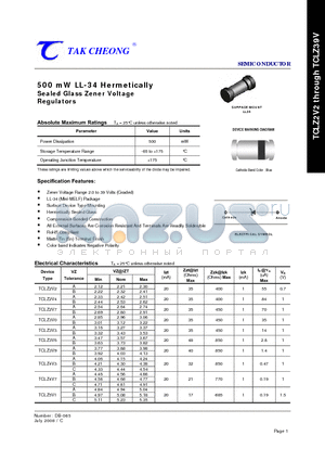 TCLZ2V7 datasheet - 500 mW LL-34 Hermetically Sealed Glass Zener Voltage Regulators