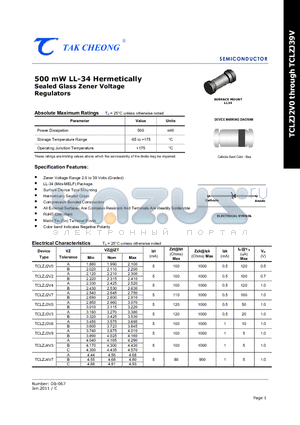TCLZJ2V0_11 datasheet - 500 mW LL-34 Hermetically Sealed Glass Zener Voltage Regulators
