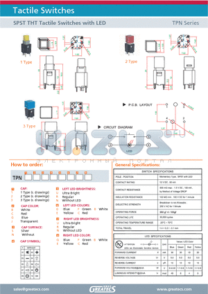 TPN1JS01UGUG datasheet - SPST THT Tactile Switches with LED