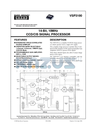VSP3100Y datasheet - 14-Bit, 10MHz CCD/CIS SIGNAL PROCESSOR