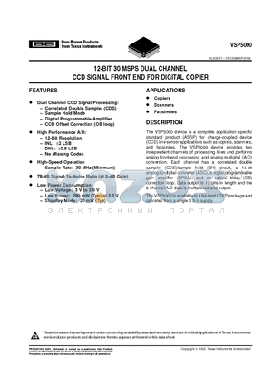 VSP5000 datasheet - 12-BIT 30 MSPS DUAL CHANNEL CCD SIGNAL FRONT END FOR DIGITAL COPIER