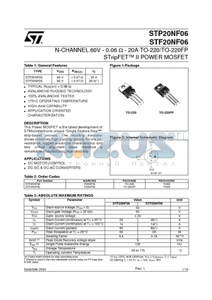 STF20NF06 datasheet - N-CHANNEL 60V - 0.06ohm - 20A TO-220/TO-220FP STripFET II POWER MOSFET