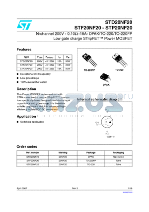 STF20NF20 datasheet - N-channel 200V - 0.10Y -18A- DPAK/TO-220/TO-220FP Low gate charge STripFET Power MOSFET