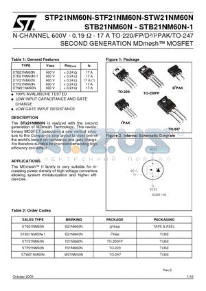 STF21NM60N datasheet - N-CHANNEL 600V - 0.19 Ohm  - 17 A TO-220/FP/D2/I2PAK/TO-247 SECOND GENERATION MDmesh MOSFET