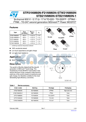 STF21NM60N datasheet - N-channel 600 V - 0.17 Y - 17 A TO-220 - TO-220FP - D2PAK - I2PAK - TO-247 second generation MDmesh Power MOSFET