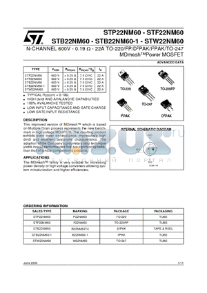STF22NM60 datasheet - N-CHANNEL 600V - 0.19 ohm - 22A TO-220/FP/D2PAK/I2PAK/TO-247 MDmeshPower MOSFET