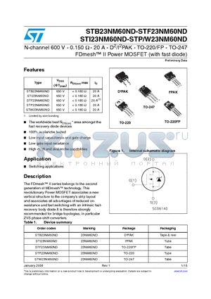 STF23NM60ND datasheet - N-channel 600 V - 0.150 Y - 20 A - D2/I2PAK - TO-220/FP - TO-247 FDmesh II Power MOSFET