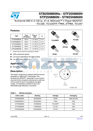 STF25NM60N datasheet - N-channel 600 V, 0.130 Y , 21 A, MDmesh II Power MOSFET TO-220, TO-220FP, I2PAK, D2PAK, TO-247