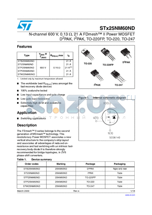 STF25NM60ND datasheet - N-channel 600 V, 0.13 Y, 21 A FDmesh II Power MOSFET D2PAK, I2PAK, TO-220FP, TO-220, TO-247