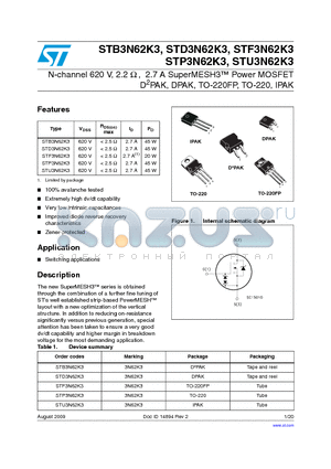 STF3N62K3 datasheet - N-channel 620 V, 2.2 OHM , 2.7 A SuperMESH3 Power MOSFET D2PAK, DPAK, TO-220FP, TO-220, IPAK