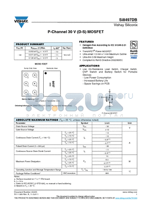 SI8497DB-T2-E1 datasheet - P-Channel 30 V (D-S) MOSFET