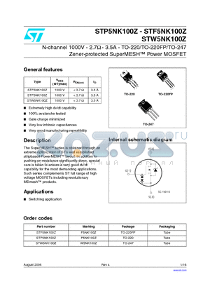 STF5NK100Z datasheet - N-channel 1000V - 2.7 - 3.5A - TO-220/TO-220FP/TO-247 Zener-protected SuperMESH Power MOSFET