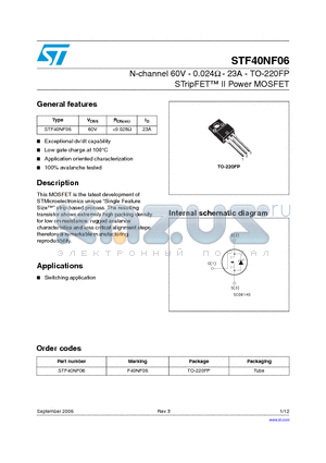 STF40NF06_06 datasheet - N-channel 60V - 0.024Y - 23A - TO-220FP STripFET II Power MOSFET