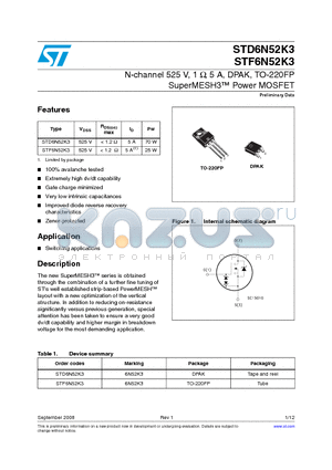 STF6N52K3 datasheet - N-channel 525 V, 1 Y, 5 A, DPAK, TO-220FP SuperMESH3 Power MOSFET