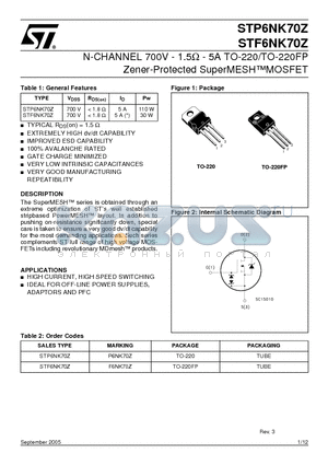 STF6NK70Z datasheet - N-CHANNEL 700V - 1.5ohm - 5A TO-220/TO-220FP Zener-Protected SuperMESH MOSFET