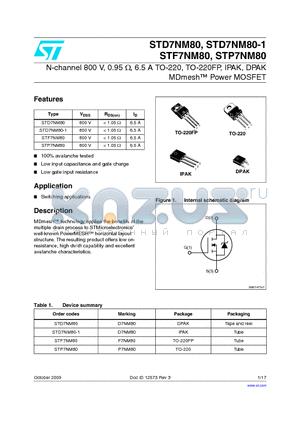 STF7NM80 datasheet - N-channel 800 V, 0.95 Y, 6.5 A TO-220, TO-220FP, IPAK, DPAK MDmesh Power MOSFET
