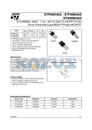 STF9NK90 datasheet - N-CHANNEL 900V - 1.1W - 8A TO-220/TO-220FP/TO-247 Zener-Protected SuperMESHPower MOSFET