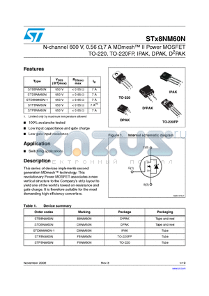 STF8NM60N datasheet - N-channel 600 V, 0.56 Y,7 A MDmesh II Power MOSFET TO-220, TO-220FP, IPAK, DPAK, D2PAK