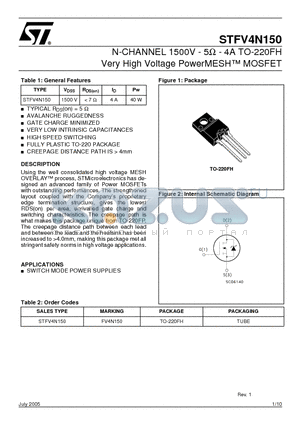 STFV4N150 datasheet - N-CHANNEL 1500V - 5-ohm - 4A TO-220FH Very High Voltage PowerMESH-TM MOSFET