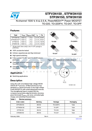 STFW3N150 datasheet - N-channel 1500 V, 6 Y, 2.5 A, PowerMESH Power MOSFET