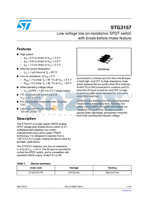 STG3157 datasheet - Low voltage low on-resistance SPDT switch with break-before-make feature
