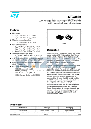 STG3159DTR datasheet - Low voltage 1Y max single SPDT switch with break-before-make feature