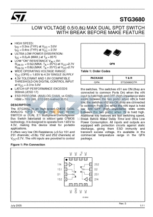 STG3680 datasheet - LOW VOLTAGE 0.5/0.8Y MAX DUAL SPDT SWITCH WITH BREAK BEFORE MAKE FEATURE