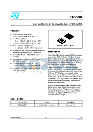 STG3682 datasheet - Low voltage high bandwidth dual SPDT switch