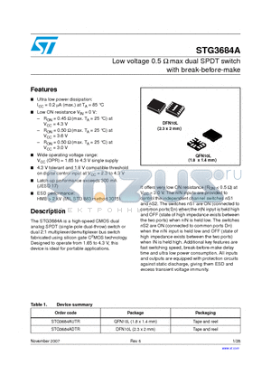 STG3684ADTR datasheet - Low voltage 0.5 Y max dual SPDT switch with break-before-make