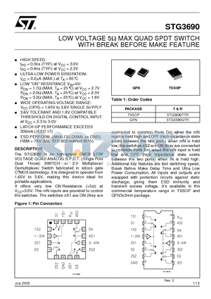 STG3690 datasheet - LOW VOLTAGE 5Y MAX QUAD SPDT SWITCH WITH BREAK BEFORE MAKE FEATURE