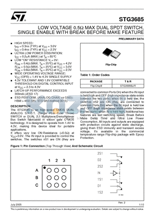 STG3685BJR datasheet - LOW VOLTAGE 0.5ohm MAX DUAL SPDT SWITCH, SINGLE ENABLE WITH BREAK BEFORE MAKE FEATURE