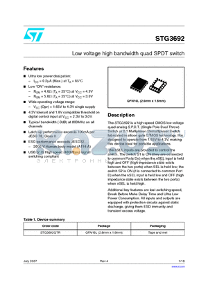 STG3692QTR datasheet - Low voltage high bandwidth quad SPDT switch