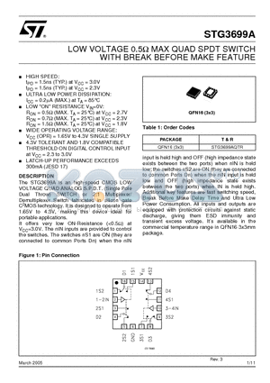 STG3699A datasheet - LOW VOLTAGE 0.5ohm MAX QUAD SPDT SWITCH WITH BREAK BEFORE MAKE FEATURE
