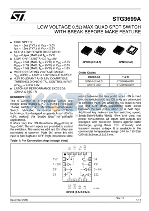 STG3699A datasheet - LOW VOLTAGE 0.5Y MAX QUAD SPDT SWITCH WITH BREAK-BEFORE-MAKE FEATURE