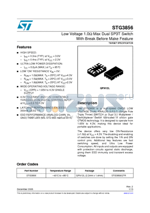 STG3856 datasheet - Low Voltage 1.0 Max Dual SP3T Switch With Break Before Make Feature