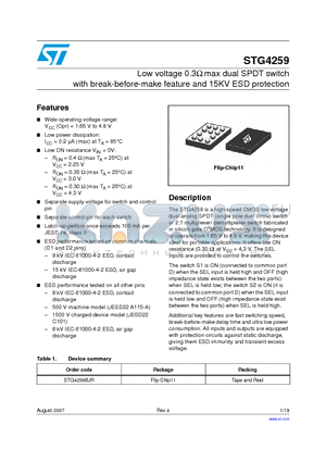 STG4259BJR datasheet - Low voltage 0.3Y max dual SPDT switch with break-before-make feature and 15KV ESD protection