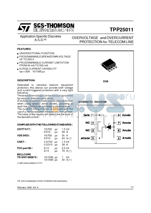 TPP25011RL datasheet - OVERVOLTAGE and OVERCURRENT PROTECTION for TELECOM LINE