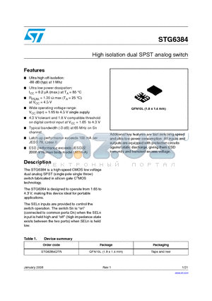 STG6384 datasheet - High isolation dual SPST analog switch