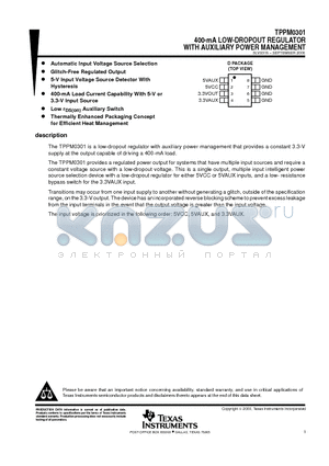 TPPM0301 datasheet - 400-mA LOW-DROPOUT REGULATOR WITH AUXILIARY POWER MANAGEMENT