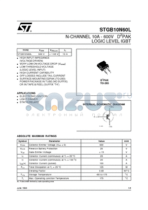 STGB10N60L datasheet - N-CHANNEL 10A - 600V D2PAK LOGIC LEVEL IGBT