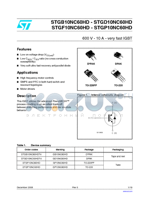 STGB10NC60HDT4 datasheet - 600 V - 10 A - very fast IGBT