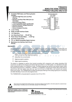 TCM320AC54DW datasheet - MONOLITHIC SERIAL INTERFACE COMBINED PCM CODEC AND FILTER