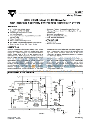 SI9122 datasheet - 500-kHz Half-Bridge DC-DC Converter With Integrated Secondary Synchronous Rectification Drivers