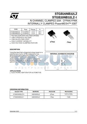 STGB20NB32LZT4 datasheet - N-CHANNEL CLAMPED 20A - D2PAK/I2PAK INTERNALLY CLAMPED PowerMESH TM IGBT