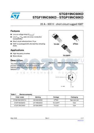 STGB19NC60KDT4 datasheet - 20 A - 600 V - short circuit rugged IGBT