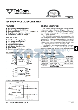 TCM680CPA datasheet - 5V TO a10V VOLTAGE CONVERTER